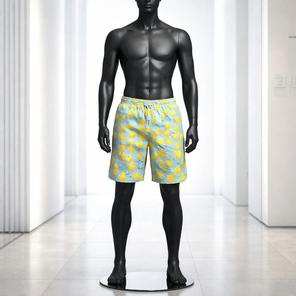 Mens Rubber Duck Print Swim Trunks Light Blue Yellow‎ Size Large Board Shorts